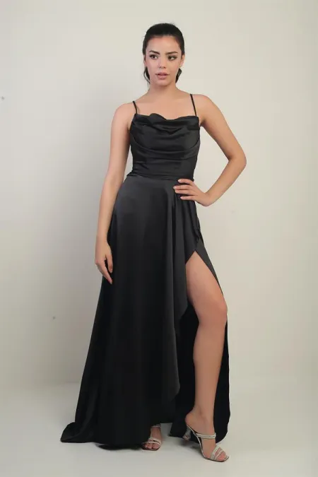 Women's Strappy, Back Lace-Up, Lined, Ruffled Long Satin Dress