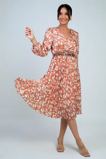 Women's Wrap Neckline Belted Lined Brush Pattern Pleated Midi Satin Dress