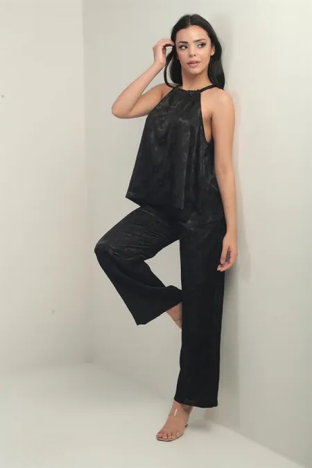 Women's Thin Strapped Blouse with Elastic Waist, Pockets, Palazzo Pants, Geometric Pattern Satin, 2-Piece Set