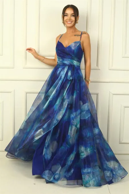 Women's Strappy Back Lace-Up Front Draped Floral Organza Long Dress