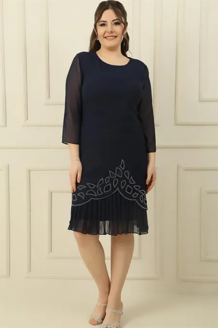 Plus Size Crepe Dress with Chiffon Pleats on Sleeves and Hem and Stone Embellishments