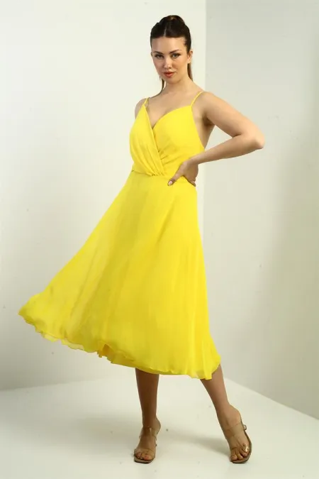 Kadın İp Askılı Kruvaze Yaka Astarlı Arkası Bağcıklı Kloş Şifon Elbise