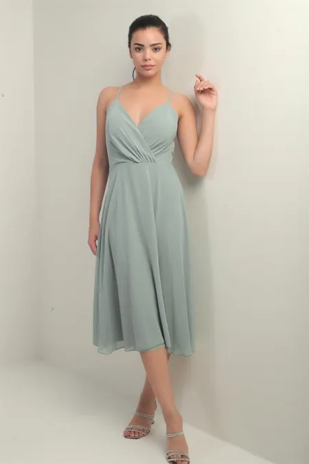 Women's Strappy Wrap Neckline Lined Lace-Up Back Flared Chiffon Dress