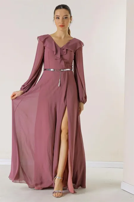 Long Chiffon Dress with Ruffled Front, Balloon Sleeves, and Belt