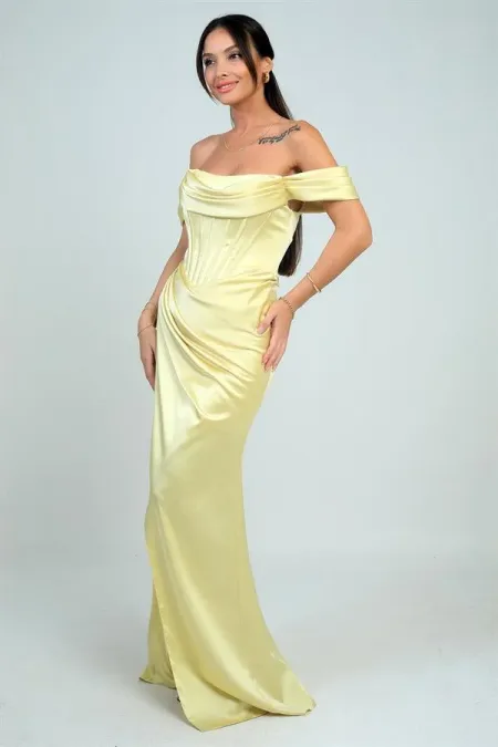 Robe longue en satin à bretelles, doublée et à armatures, manches basses et sans bretelles, pour femme