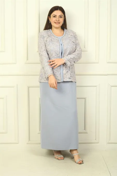 Robe longue à col perlé, ensemble deux pièces grande taille avec veste brodée de perles et de sequins, doublée.