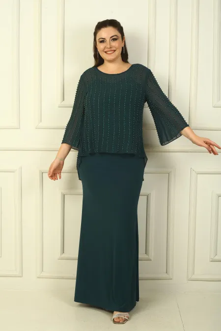 Robe longue couleur sable avec doublure à bretelles et chemisier en mousseline perlée boutonné au dos, ensemble 2 pièces grande taille