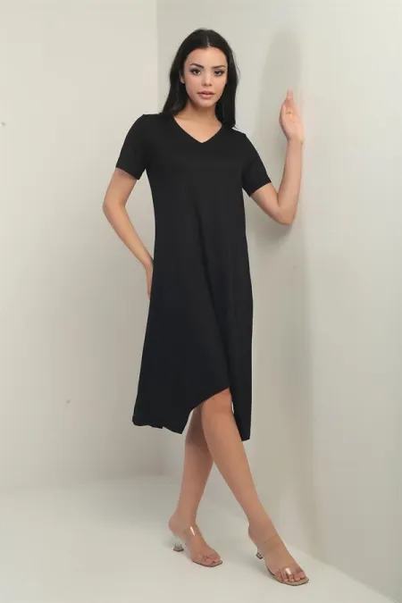 Women's V-Neck Asymmetrical Midi Dress with Angel Wing Chain Detail at the Back