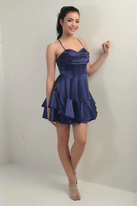 Women's Strappy Back Tie Underwired Short Satin Dress with Layered Lining
