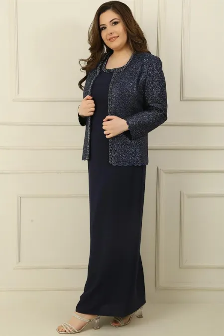 Robe longue en crêpe avec col et doublure ornés, veste à sequins, ensemble 2 pièces grande taille
