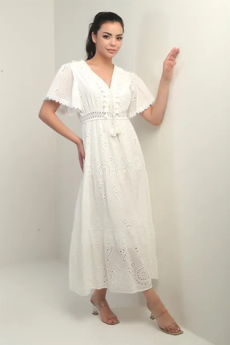 Women's V-Neck Front Tasseled Lined Long Lace Dress