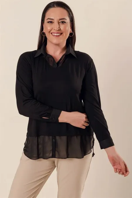 Chiffon Detail Shirt Collar Relaxed Fit Plus Size Blouse