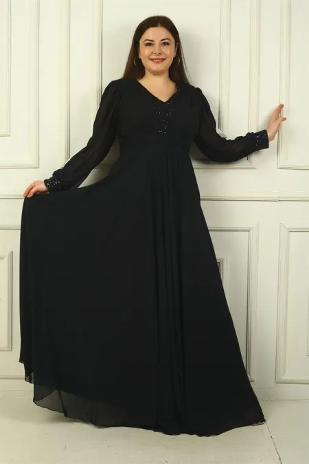 Robe de soirée longue en mousseline de soie grande taille, doublée de sequins, décolleté en V devant et dos, pour femme.