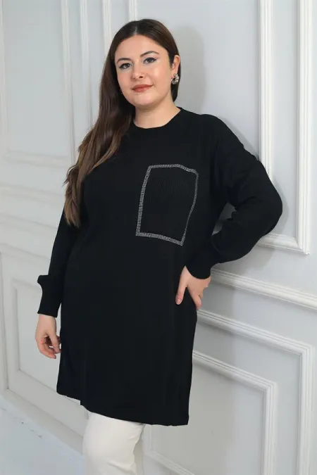 Tunique en maille grande taille pour femme, avec une poche avant et un imprimé pierre.