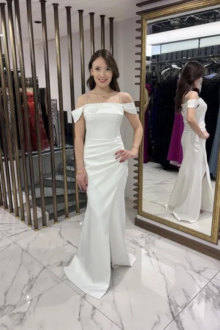 Women's Stoned Thin Strap Low Sleeve Satin Madonna Collar Lined Draped Double Fishtail Dress