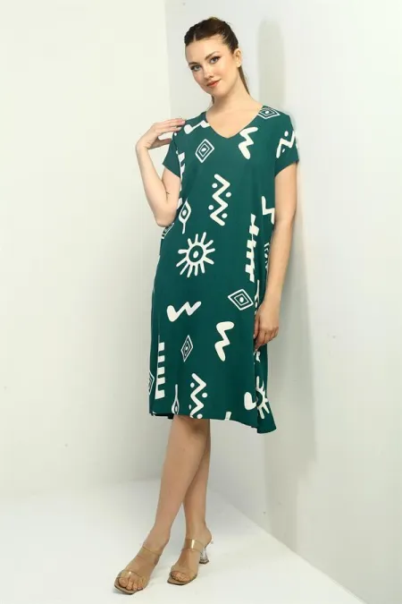 Oversize Dress with Ethnic Pattern and Collar