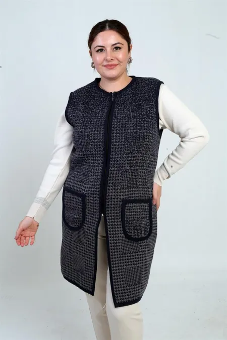 Gilet long en maille à motif pied-de-poule et fermeture éclair sur le devant pour femme, grandes tailles, avec poches.