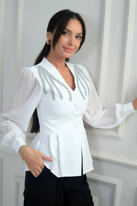 Kadın Omzu Taş İşleme Detaylı Kolları Ve Eteği Şifon Tasarım Bluz
