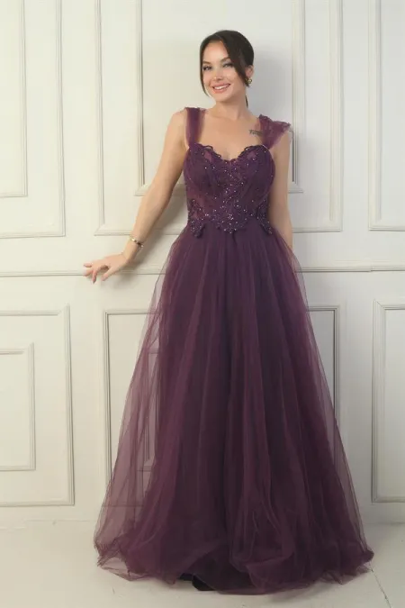 Robe de soirée princesse pour femme, décolleté en V devant et dos, manches tombantes doublées et broderie appliquée sur le haut