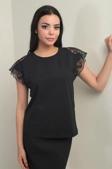 Women's Round Neck Short Lace Sleeve Lycra Blouse