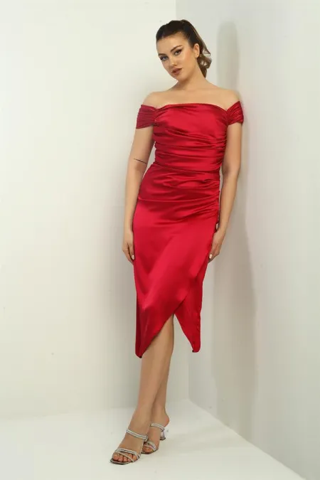 Women's Madonna Neckline Draped Asymmetrical Satin Short Dress