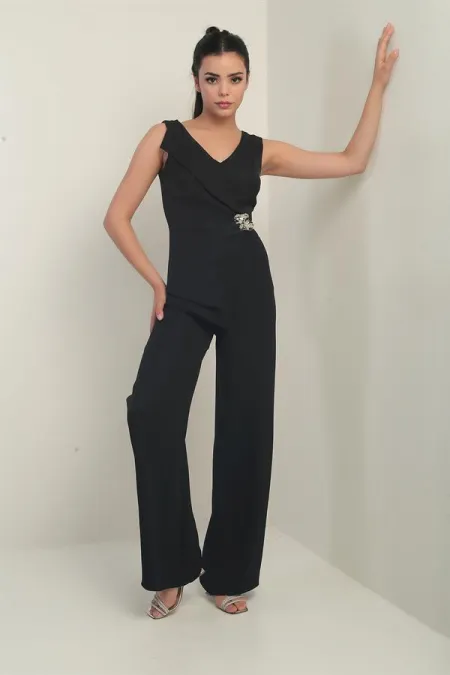 Kadın Ön Arka V Yaka Üst Yelek Görünümlü Bol Paça Tulum