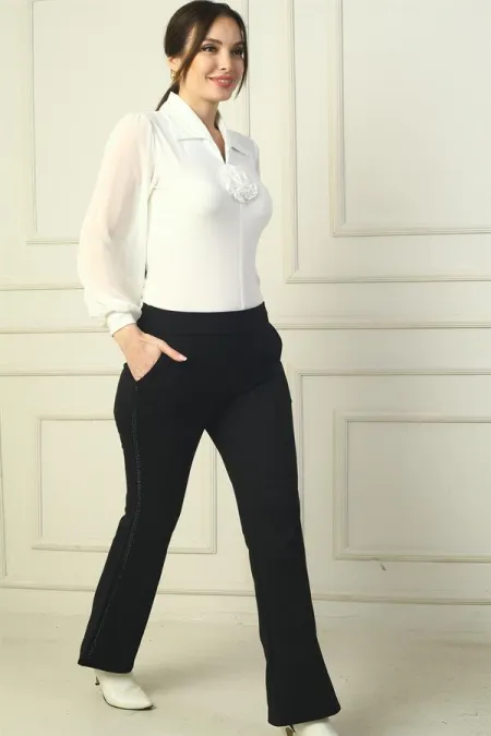 Kadın Beli Lastikli Cepli Full Likra Çelik İspanyol Paça Yanları Taş Şeritli Çımalı Pantolon