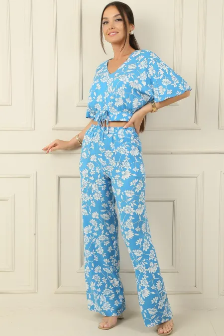 Front and Back V-Neck Crop Top, Elastic Waistband, Pocketed Palazzo Pants, Floral Pattern, 2-Piece Set