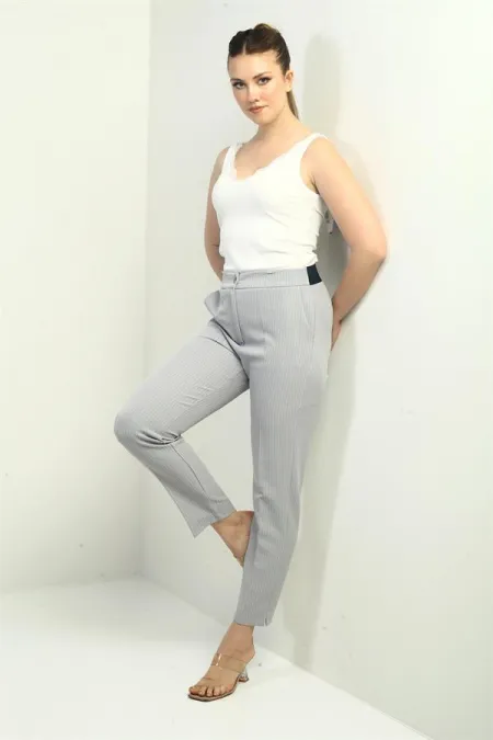 Pantalon slim à rayures verticales et taille élastique pour femme, avec poches