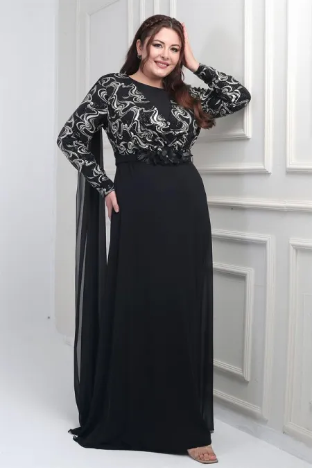 Kadın Kruvaze Yaka Görünümlü Pullu Astarlı Şifon Uzun B.B. Elbise