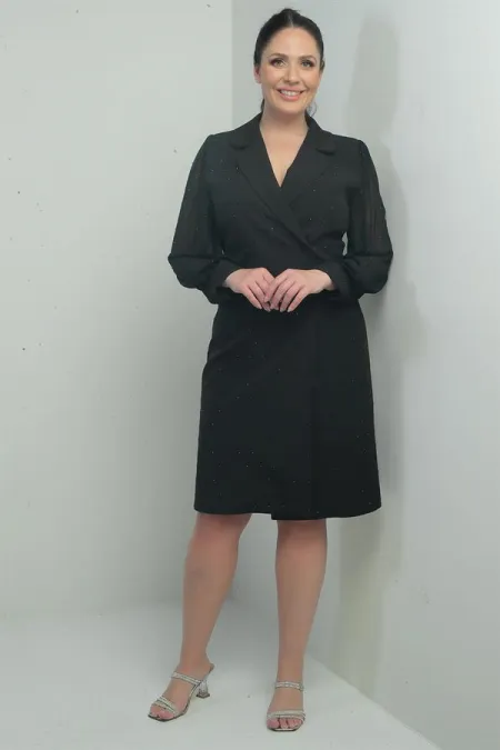 Robe courte grande taille pour femme, encolure cache-cœur, boutons sur le devant, manches en mousseline ornée de perles.