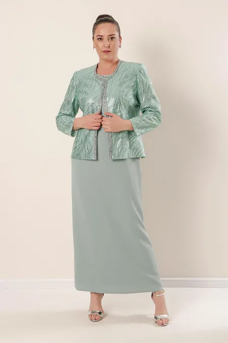 Veste à paillettes, manches demi-lune, robe en crêpe doublée, costume 2 pièces grande taille