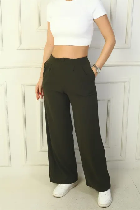 Pantalon palazzo à poches plissées pour femme