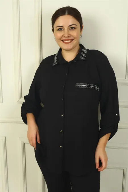 Chemise gaufrée grande taille pour femme, manches retroussables, col et bordure de poche