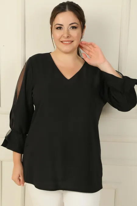 V-Neck Semi-Organza Crepe BB Blouse