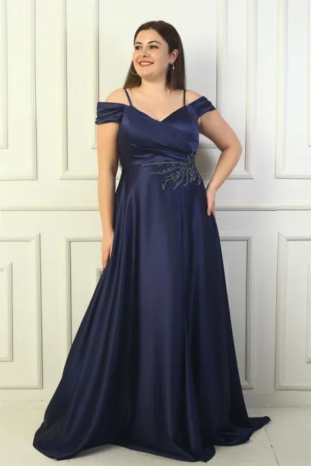 Robe de soirée longue en satin pour femme, col en V, manches courtes, broderie de pierres, doublée, grande taille