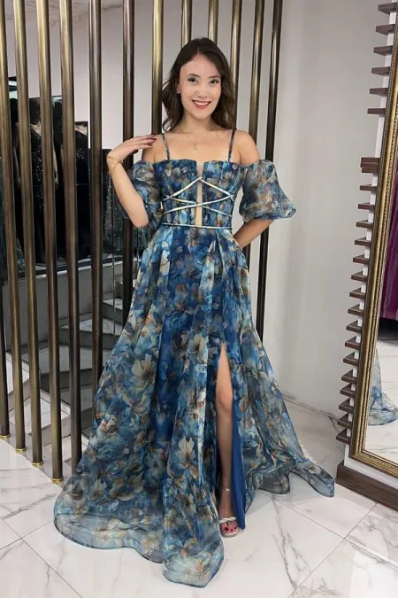 Robe longue en organza floral à fines bretelles et manches basses pour femme, doublée sur le devant, avec passepoil détaillé