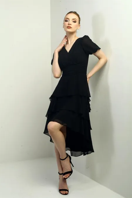 Women's Wrap Neckline Back Zipper Layered Pleated Chiffon Dress