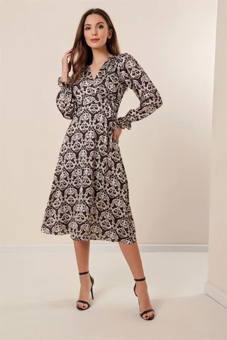 Wrap Neckline Pleated Dress with Drawstring Waist, Lined, Patterned Satin Dress