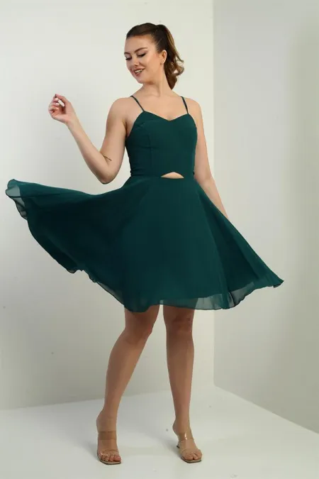 Women's Rope Strap Back Tie Front Window Lined Chiffon Short Flared Dress