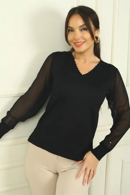 Pull en mousseline à manches longues et col en V à rayures pour femme