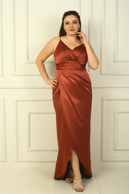 İp Askılı Kruvaze Yaka Beli Pileli astarlı Saten Uzun Abiye Elbise