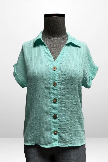 Kadın Polo Yaka Kendinden Desenli Keten Gömlek