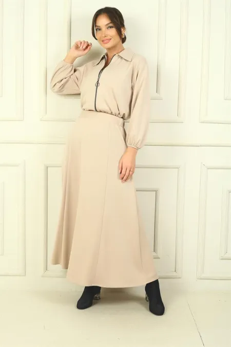 Women's Front Zip Jacket and Elastic Waist Long Skirt Osyho 2-Piece Set