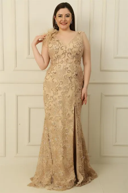 One-Shoulder Feathered Beaded and Sequin Embellished Lined Plus Size Fishtail Dress