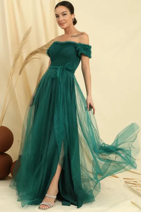 Long Tulle Dress with Ruffled Collar and Sleeves and a Belted Lining
