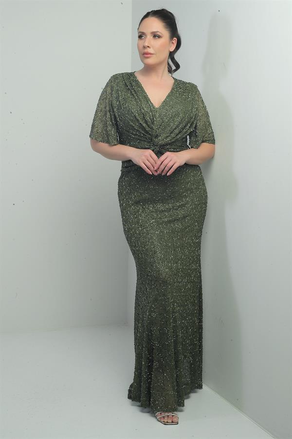 Robe longue doublée à col en V pour femme, ornée d'un nœud sur le devant et de perles, grandes tailles