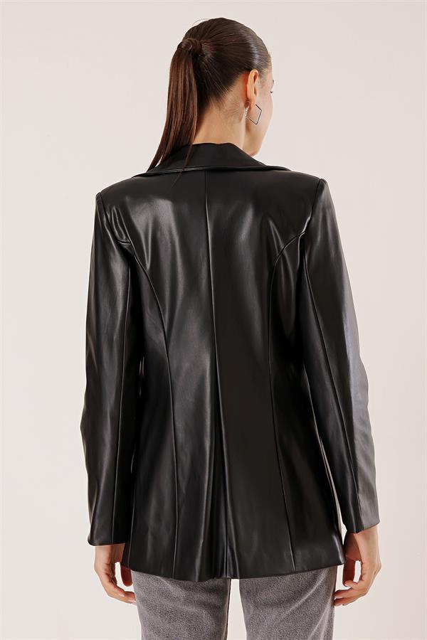 Tek Düğmeli Sahte Cepli Astarlı Deri Ceket