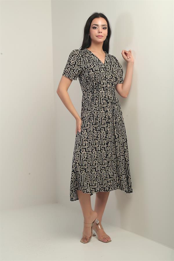 Women's V-Neck Waistband Button-Front Ethnic Pattern Midi Dress