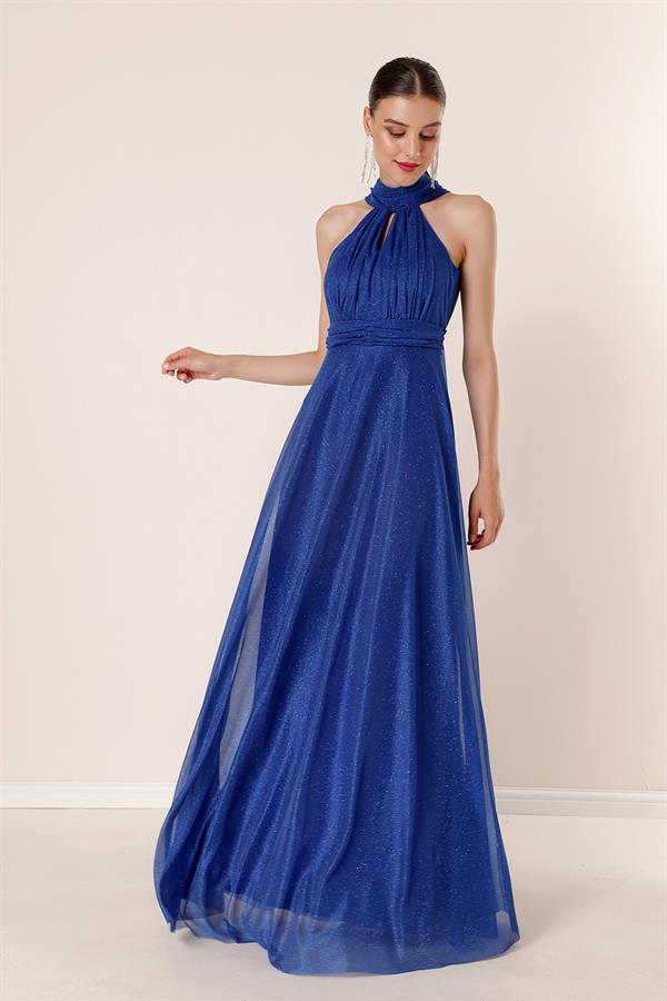 Boyundan Bağlamalı Astarlı Simli Uzun Elbise